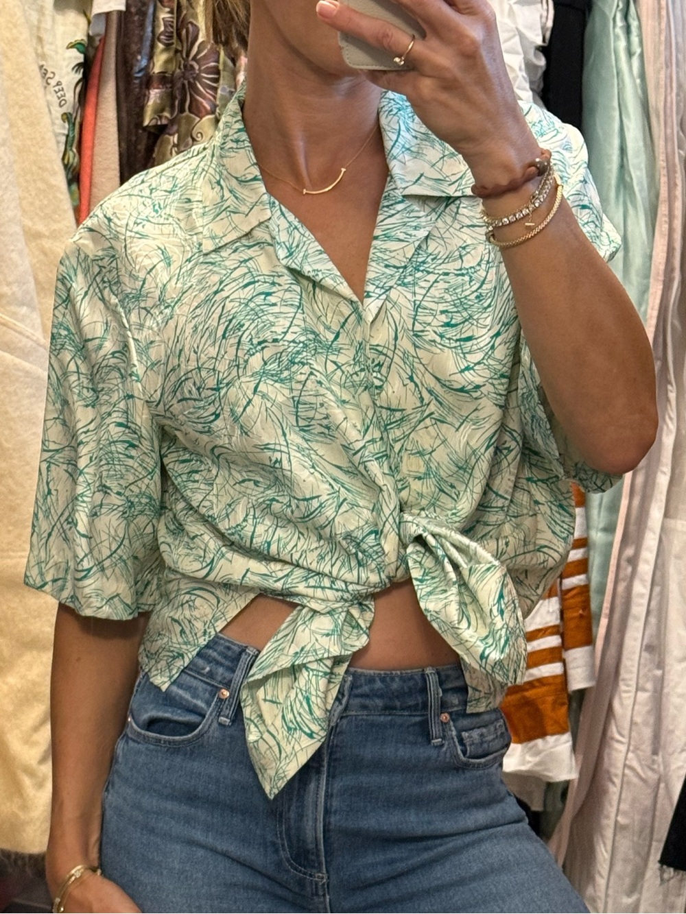 Vintage Doncaster 100% Silk White & Teal Tie-Front Crop Shirt